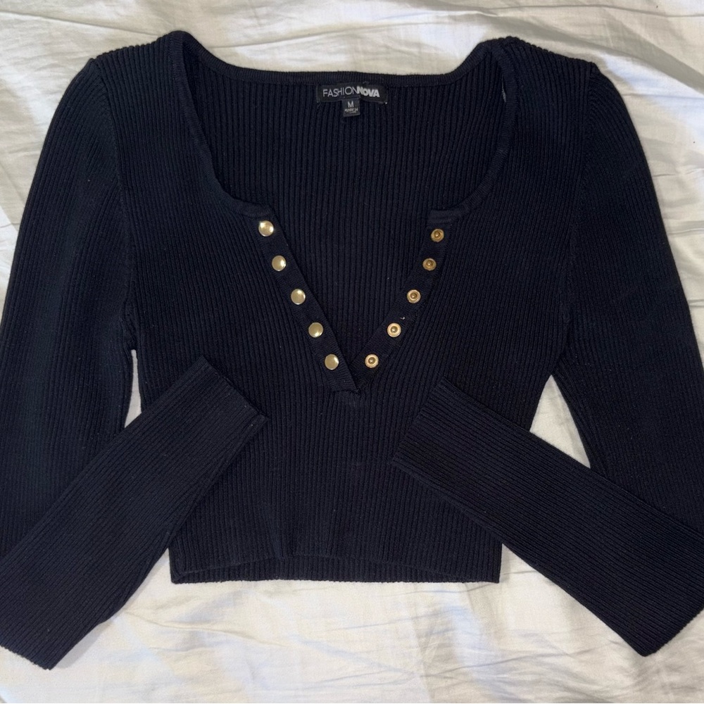 Fashion Nova Black Ribbed Crop Top with Gold Buttons